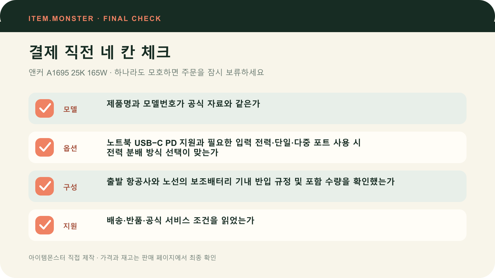 앤커 A1695 25K 165W 결제 직전 모델 옵션 구성 지원 체크 도식