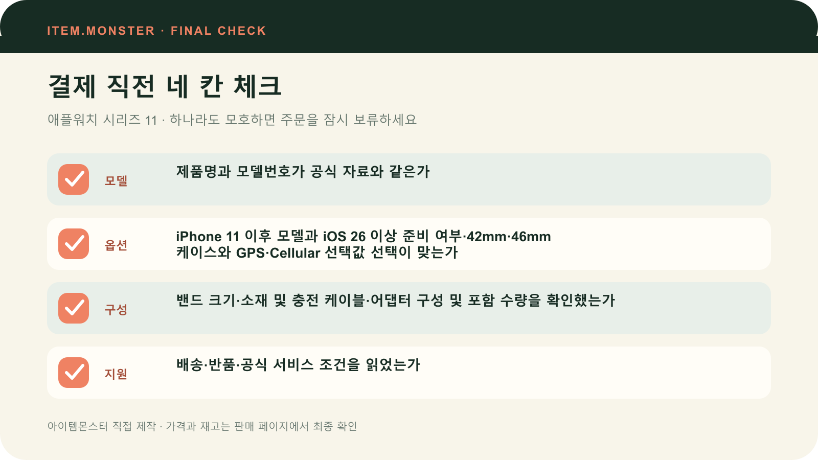 애플워치 시리즈 11 결제 직전 모델 옵션 구성 지원 체크 도식