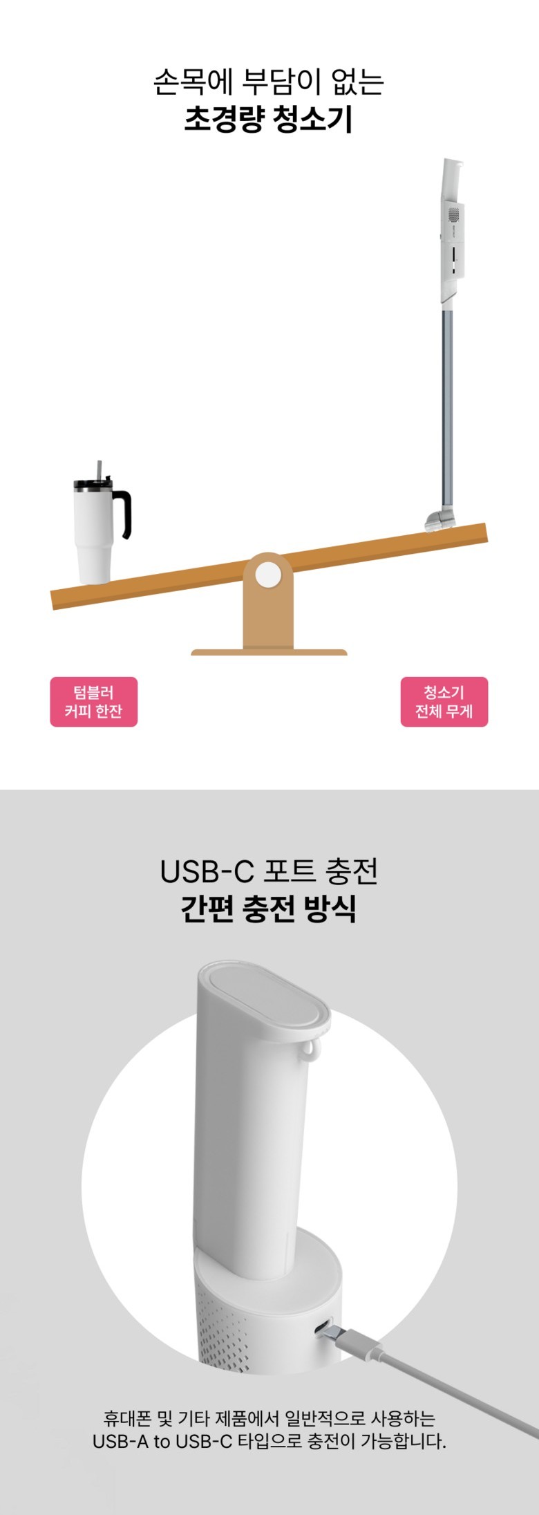 아토케어 더 심플 본체 USB-C 충전 포트에 USB-A to C 케이블을 연결한 모습
