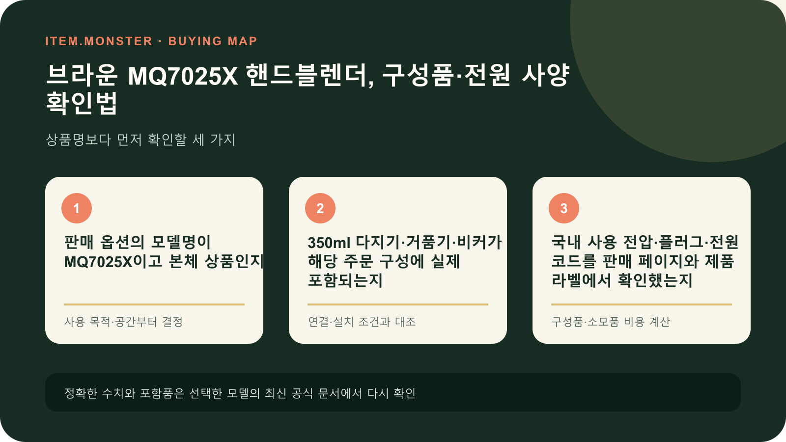 브라운 MQ7025X 핸드블렌더, 구성품·전원 사양 확인법 구매 전 세 가지 핵심 확인 순서 도식