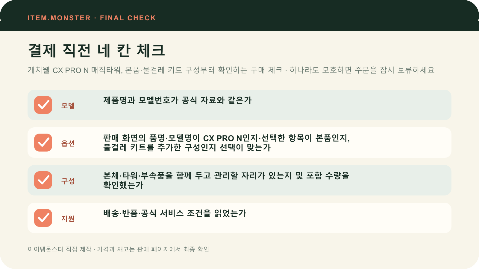 캐치웰 CX PRO N 매직타워, 본품·물걸레 키트 구성부터 확인하는 구매 체크 결제 직전 모델 옵션 구성 지원 체크 도식
