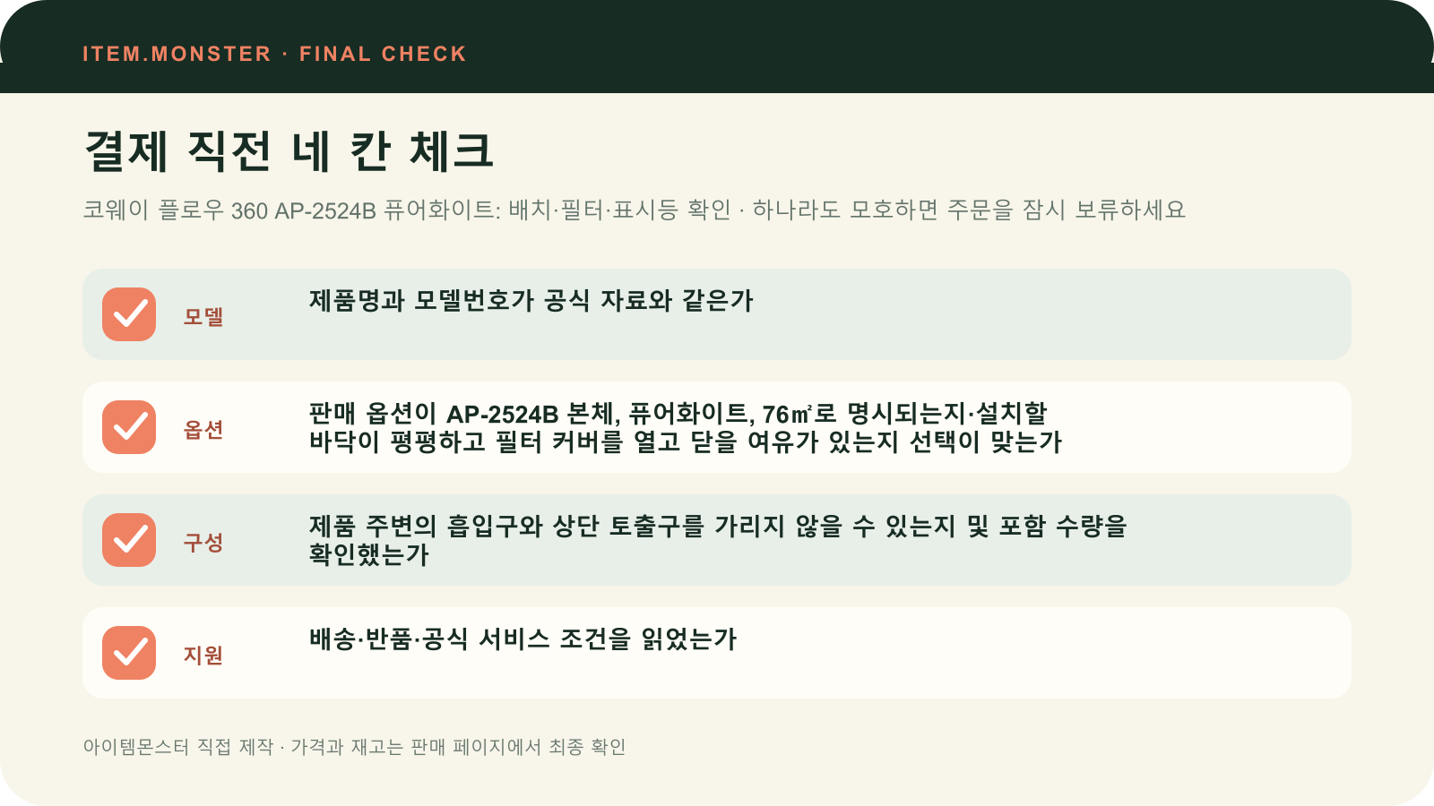 코웨이 플로우 360 AP-2524B 퓨어화이트: 배치·필터·표시등 확인 결제 직전 모델 옵션 구성 지원 체크 도식