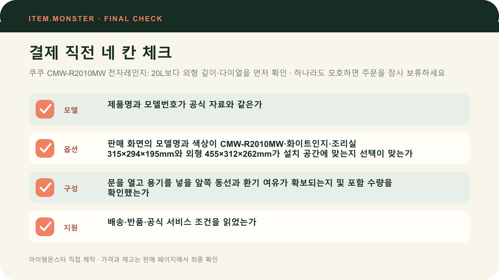 쿠쿠 CMW-R2010MW 전자레인지: 20L보다 외형 깊이·다이얼을 먼저 확인 결제 직전 모델 옵션 구성 지원 체크 도식