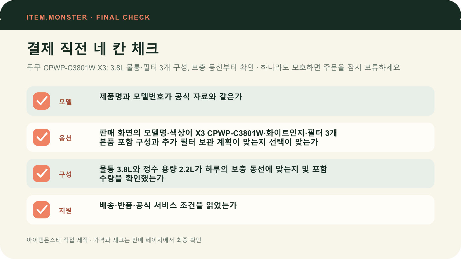 쿠쿠 CPWP-C3801W X3: 3.8L 물통·필터 3개 구성, 보충 동선부터 확인 결제 직전 모델 옵션 구성 지원 체크 도식