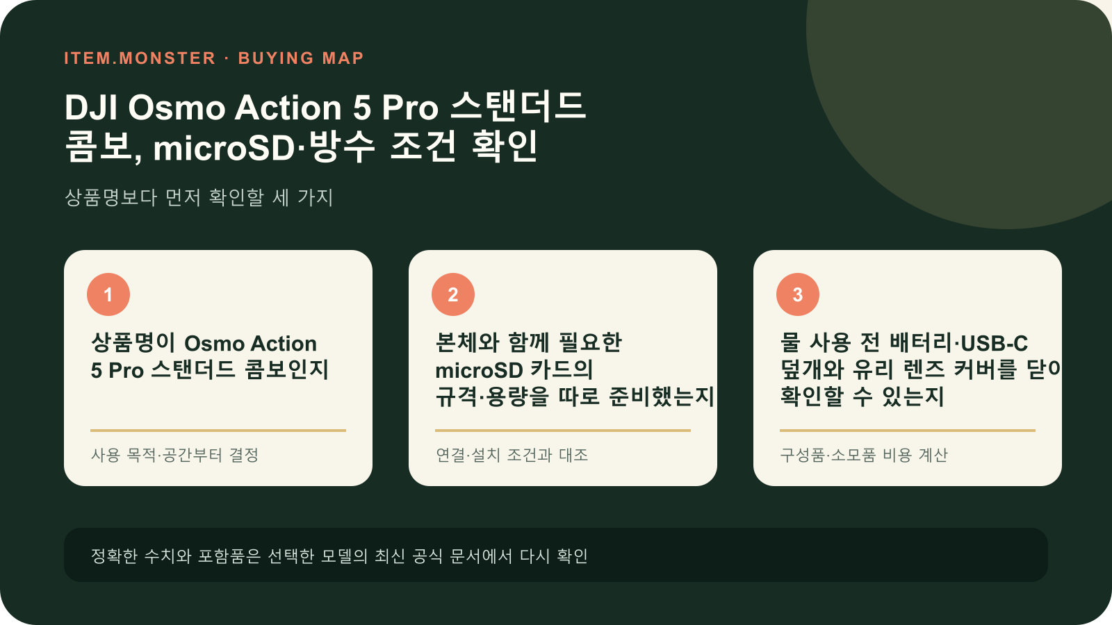 DJI Osmo Action 5 Pro 스탠더드 콤보, microSD·방수 조건 확인 구매 전 세 가지 핵심 확인 순서 도식