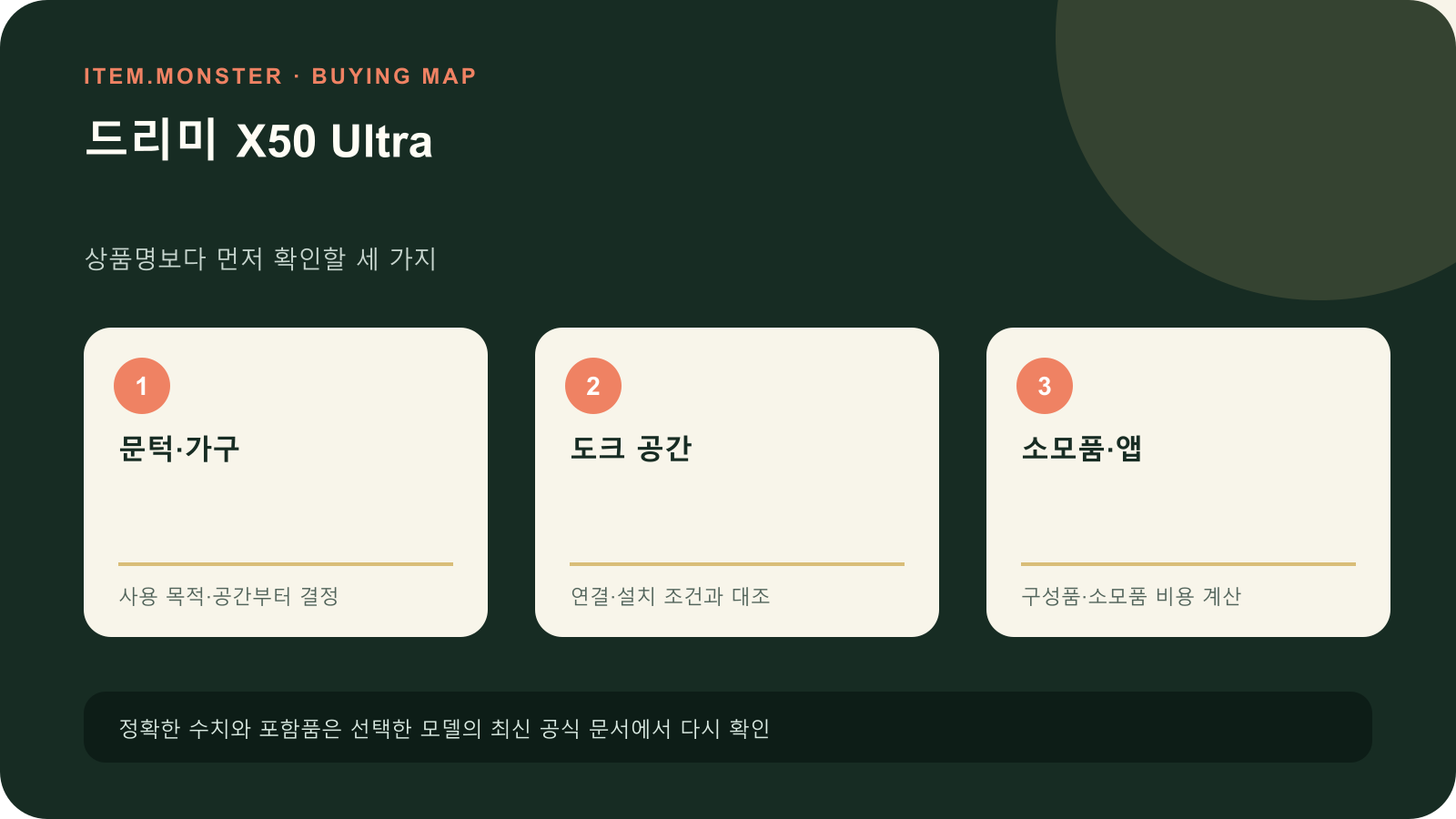 드리미 X50 Ultra 구매 전 세 가지 핵심 확인 순서 도식