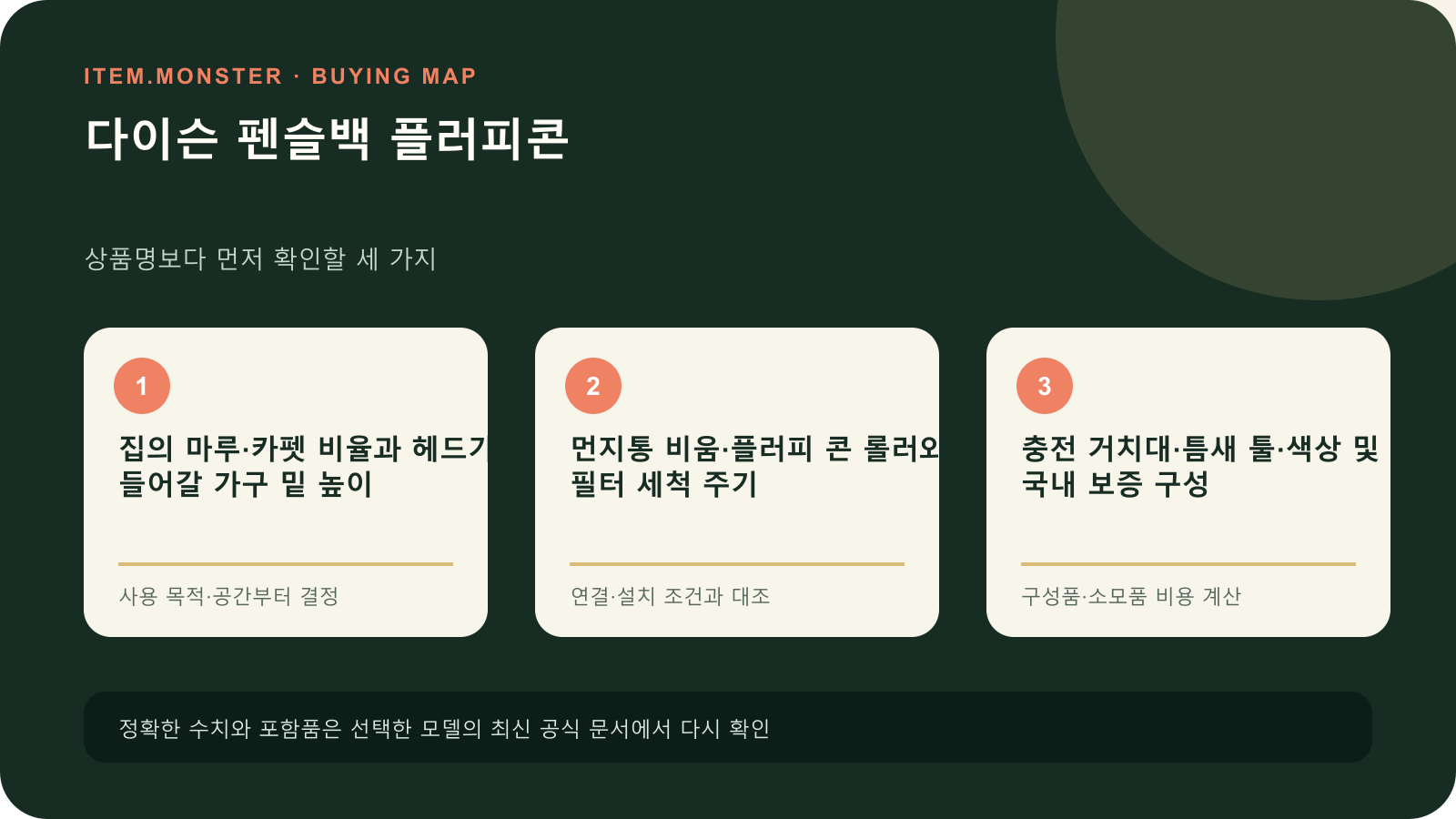 다이슨 펜슬백 플러피콘 구매 전 세 가지 핵심 확인 순서 도식