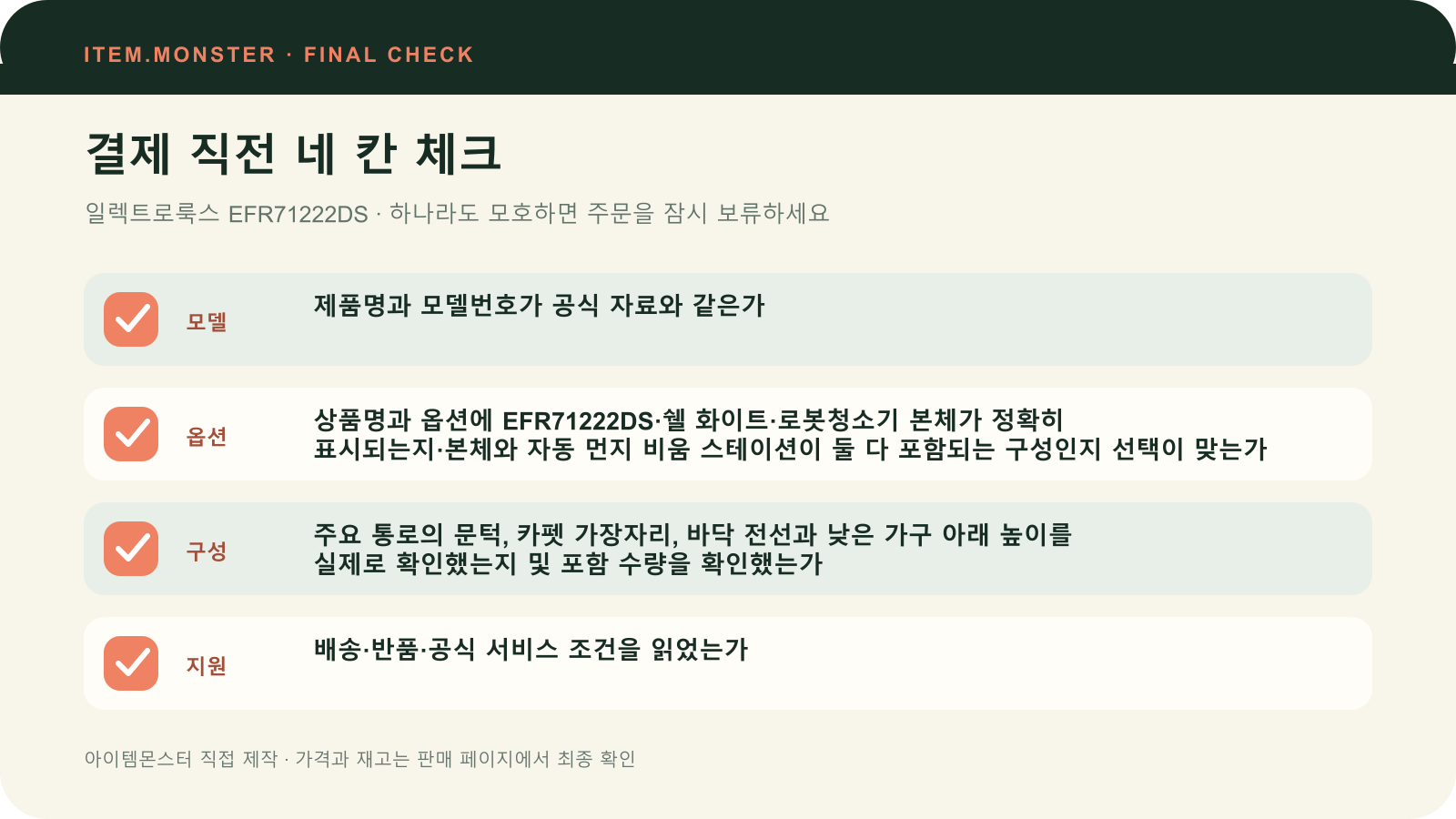일렉트로룩스 EFR71222DS 결제 직전 모델 옵션 구성 지원 체크 도식
