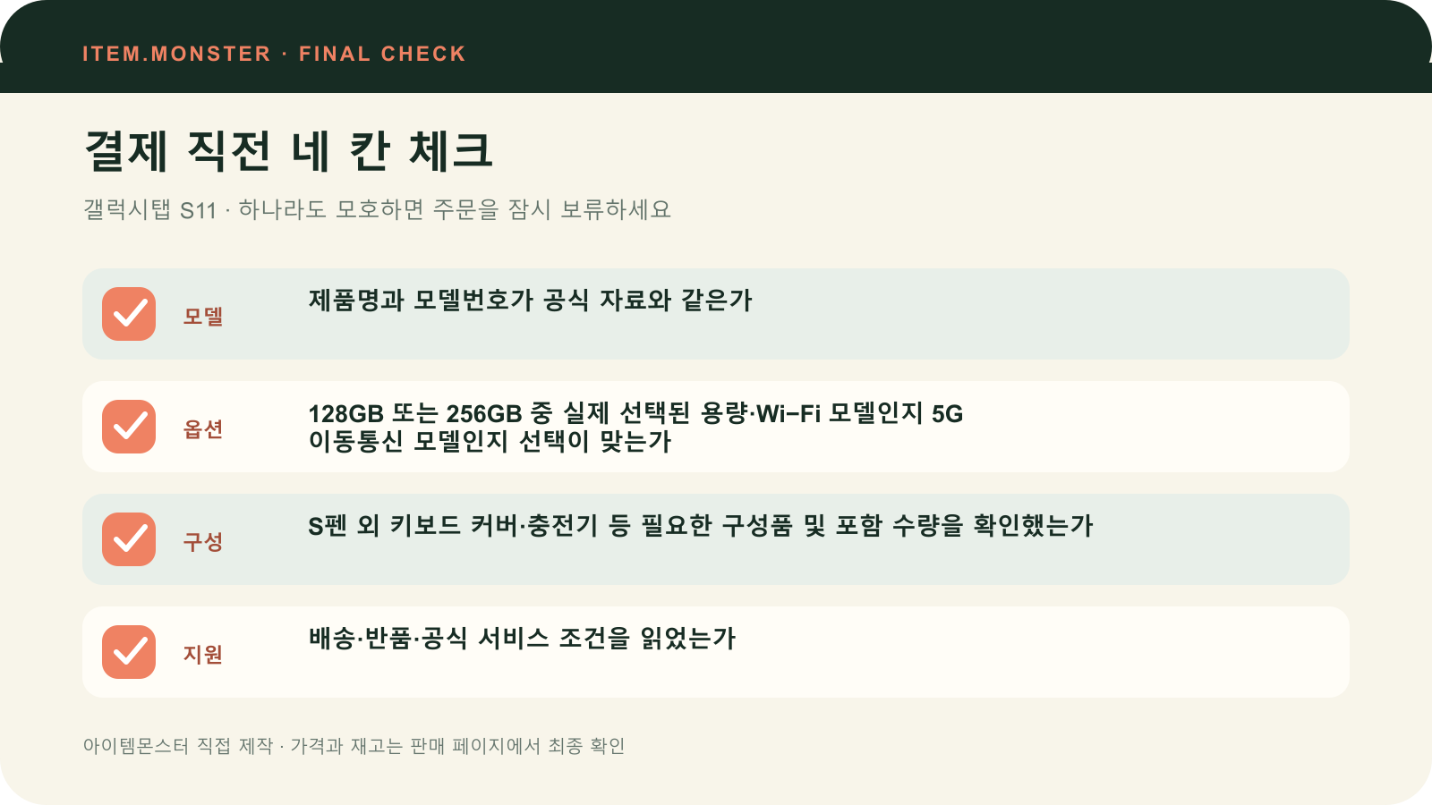 갤럭시탭 S11 결제 직전 모델 옵션 구성 지원 체크 도식