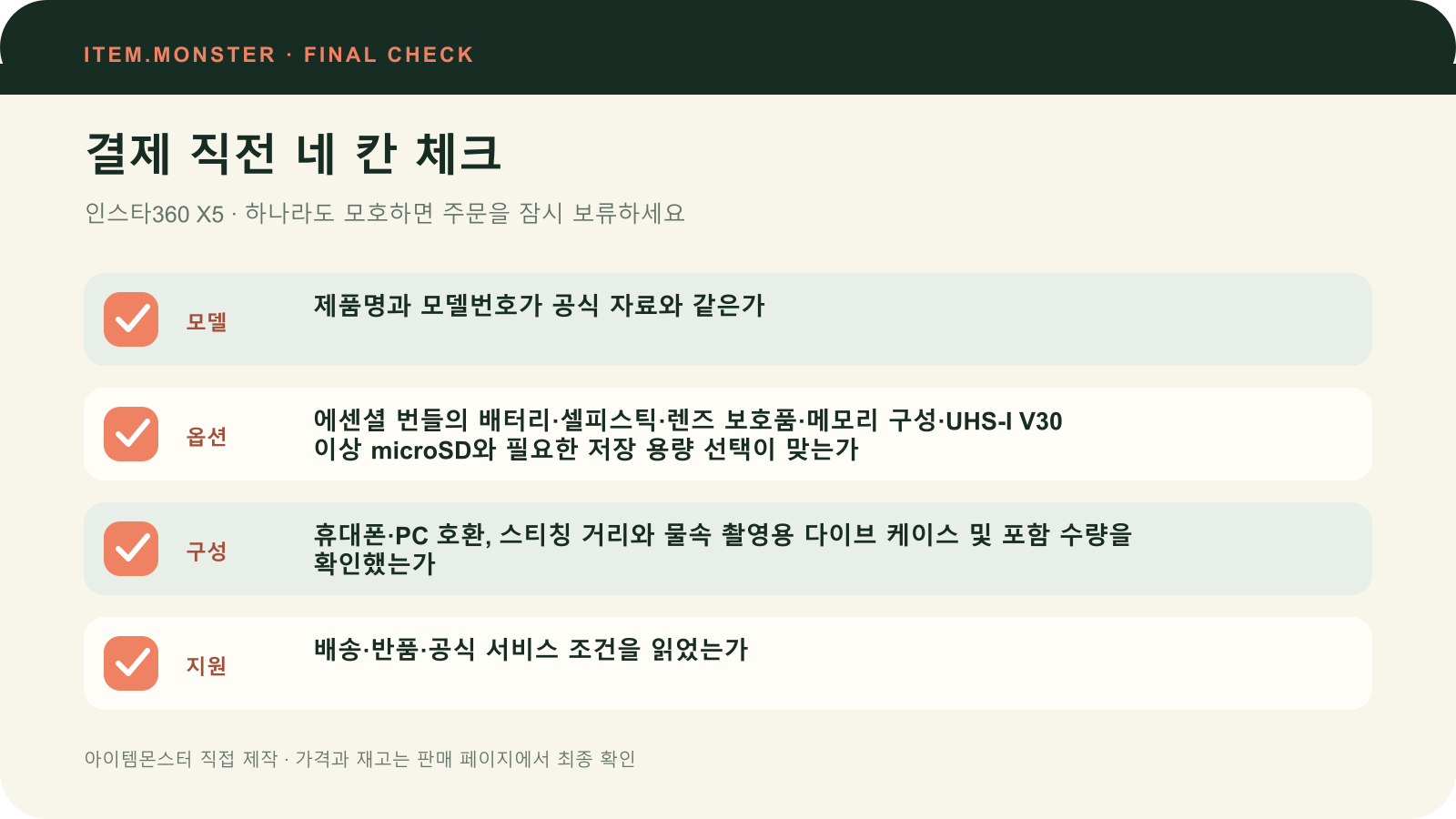인스타360 X5 결제 직전 모델 옵션 구성 지원 체크 도식