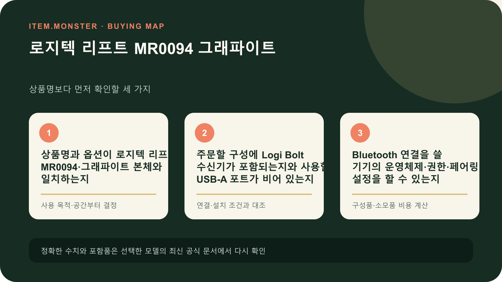 로지텍 리프트 MR0094 그래파이트 구매 전 세 가지 핵심 확인 순서 도식