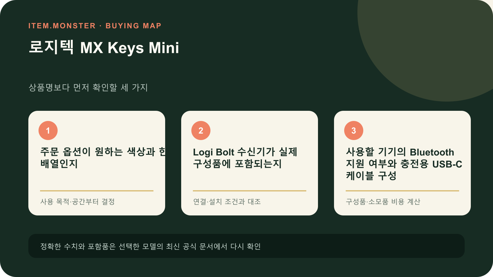 로지텍 MX Keys Mini 구매 전 세 가지 핵심 확인 순서 도식