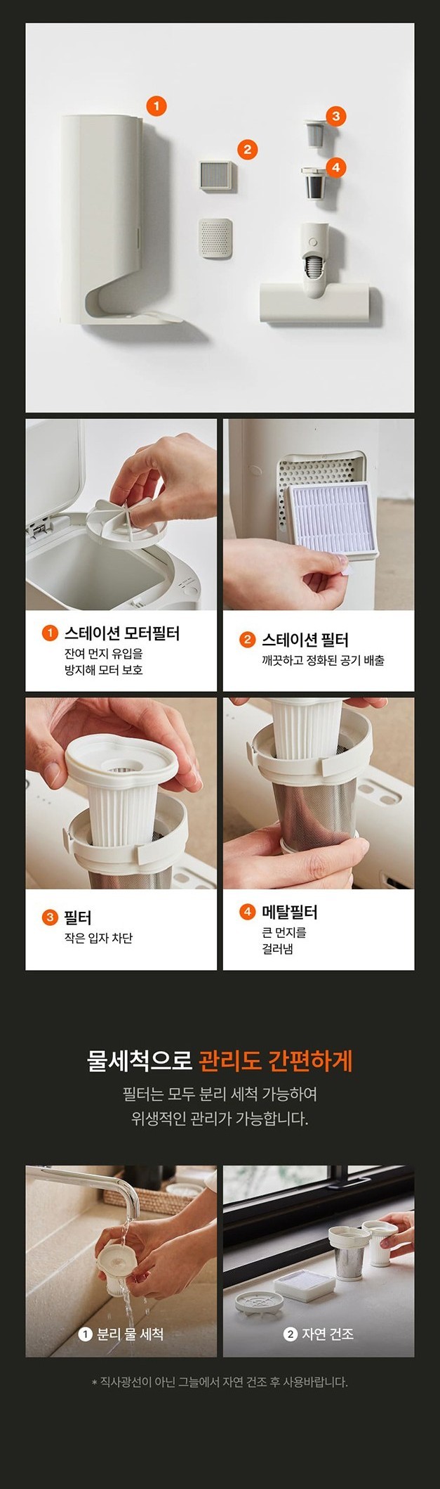 미닉스 더슬림 스테이션 모터필터와 헤파필터, 본체 메탈필터를 분리한 모습