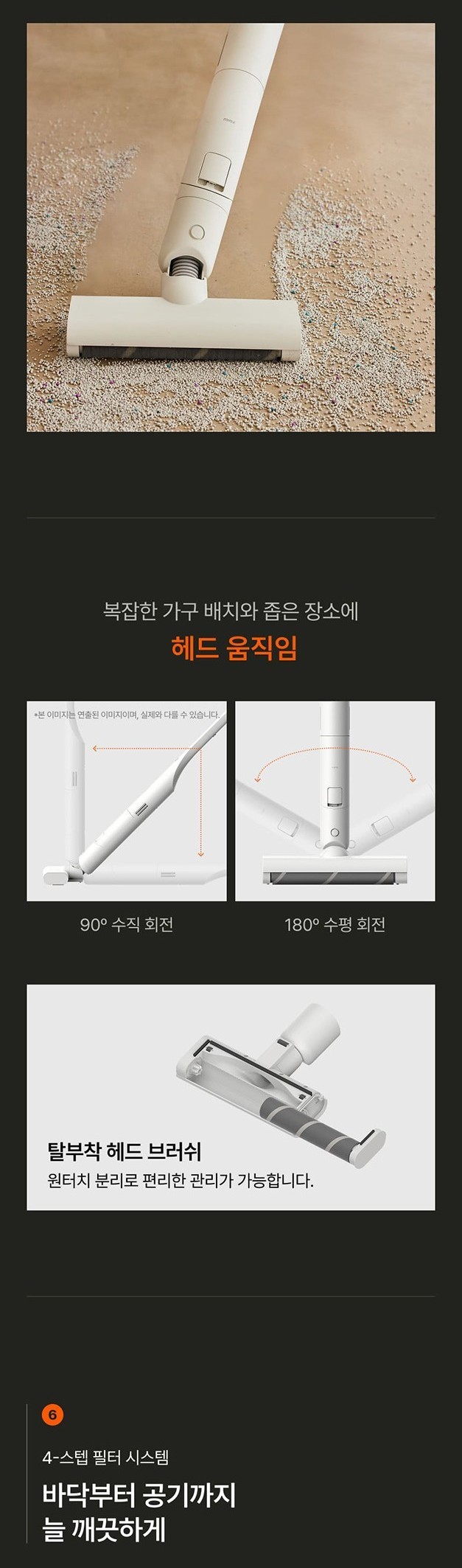 미닉스 더슬림 일반 헤드가 좌우와 상하로 회전하고 브러시롤러가 분리되는 구조