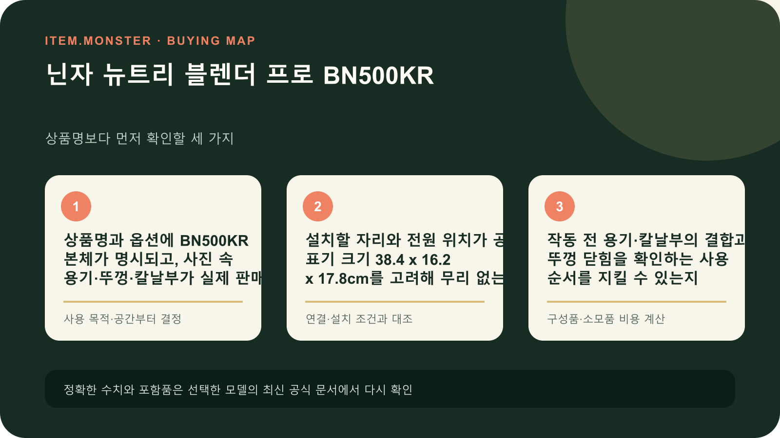 닌자 뉴트리 블렌더 프로 BN500KR 구매 전 세 가지 핵심 확인 순서 도식