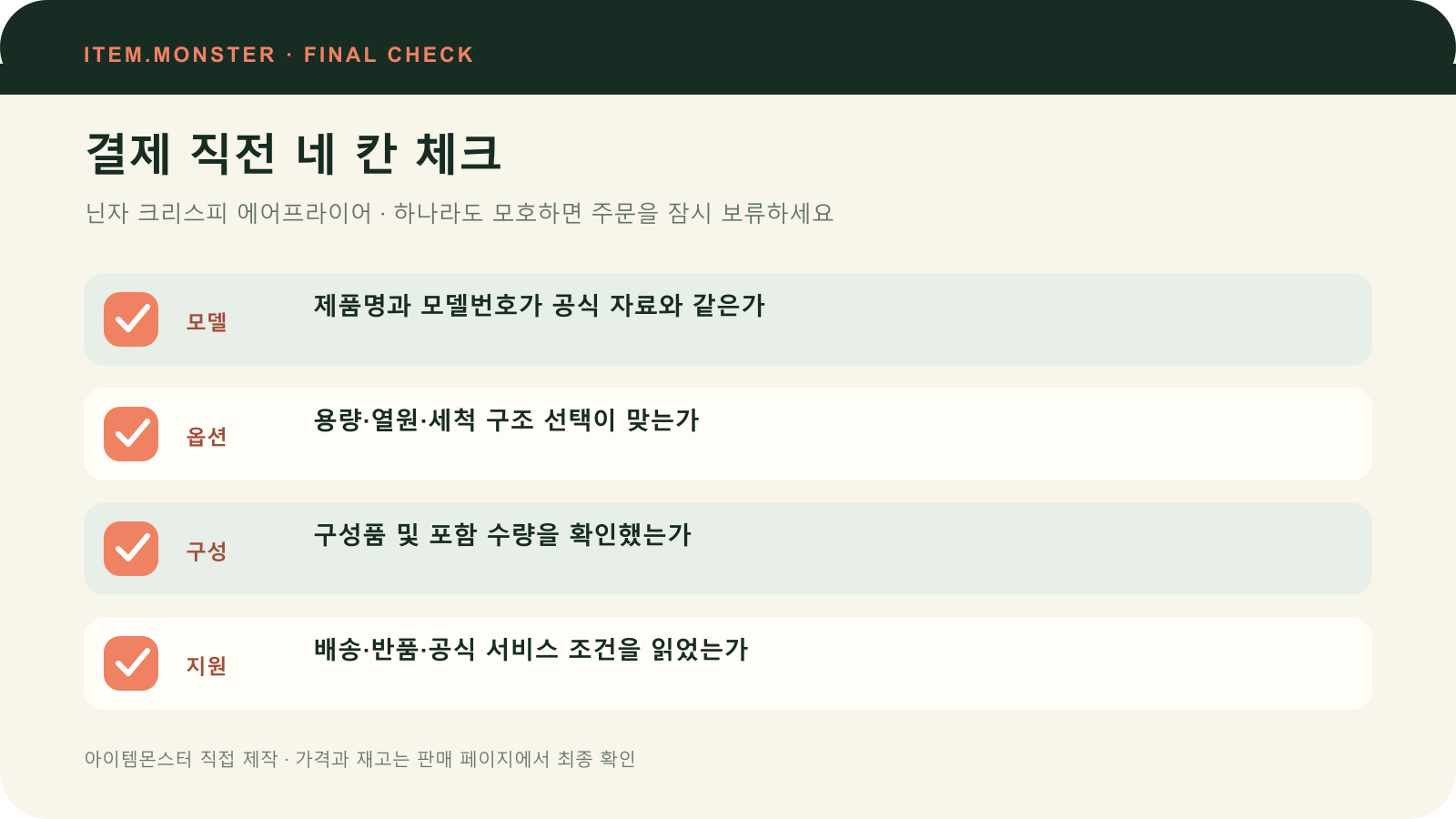 닌자 크리스피 에어프라이어 결제 직전 모델 옵션 구성 지원 체크 도식