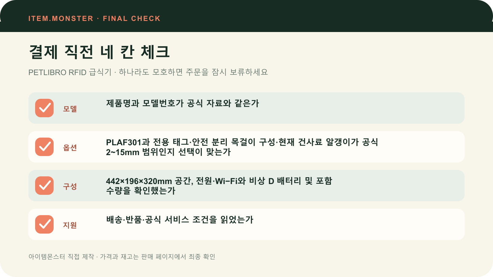 PETLIBRO RFID 급식기 결제 직전 모델 옵션 구성 지원 체크 도식