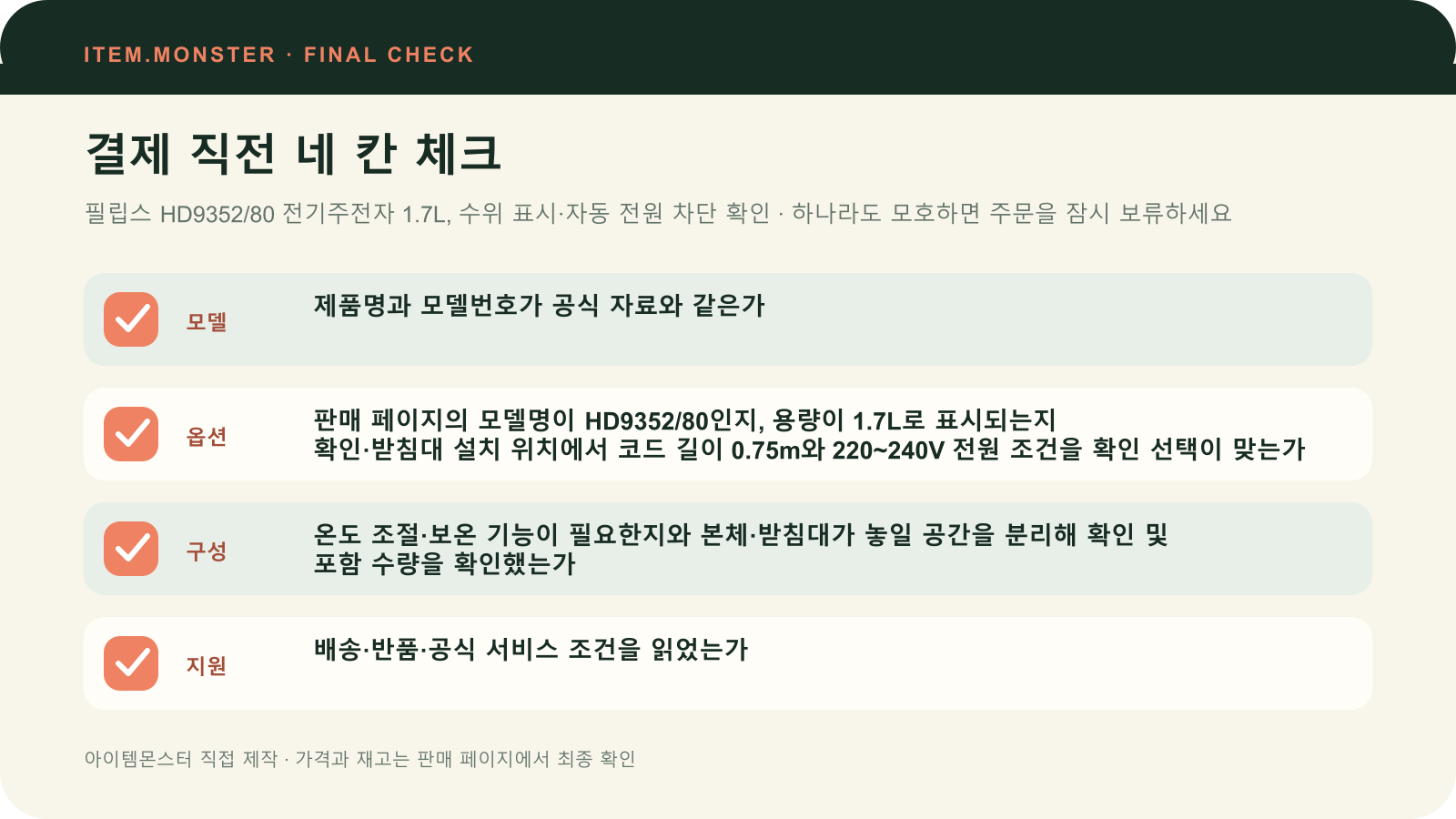 필립스 HD9352/80 전기주전자 1.7L, 수위 표시·자동 전원 차단 확인 결제 직전 모델 옵션 구성 지원 체크 도식