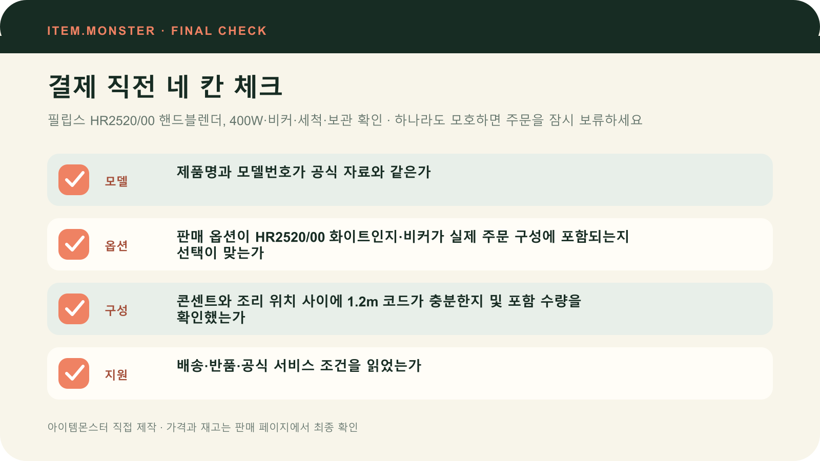 필립스 HR2520/00 핸드블렌더, 400W·비커·세척·보관 확인 결제 직전 모델 옵션 구성 지원 체크 도식