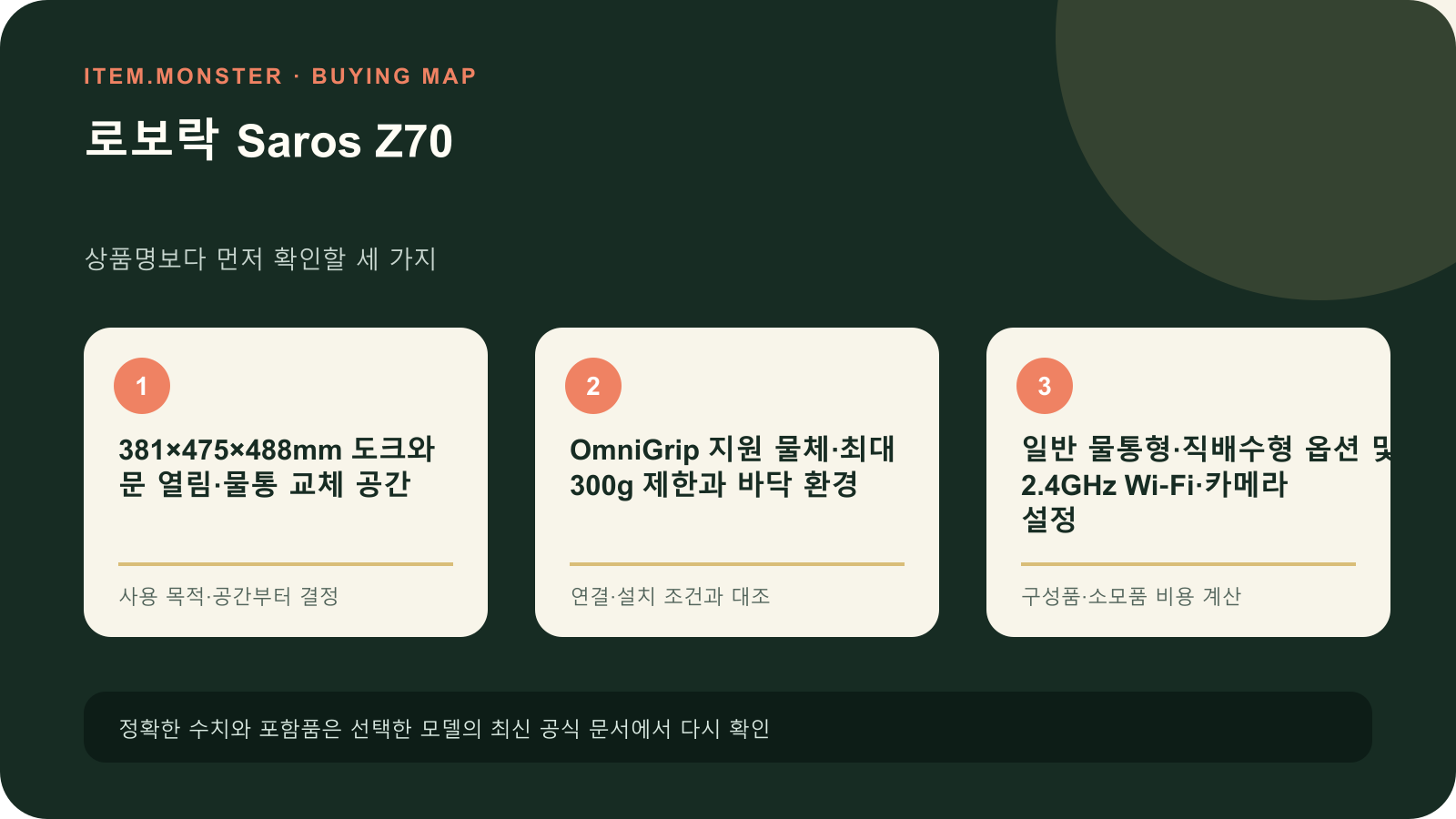 로보락 Saros Z70 구매 전 세 가지 핵심 확인 순서 도식