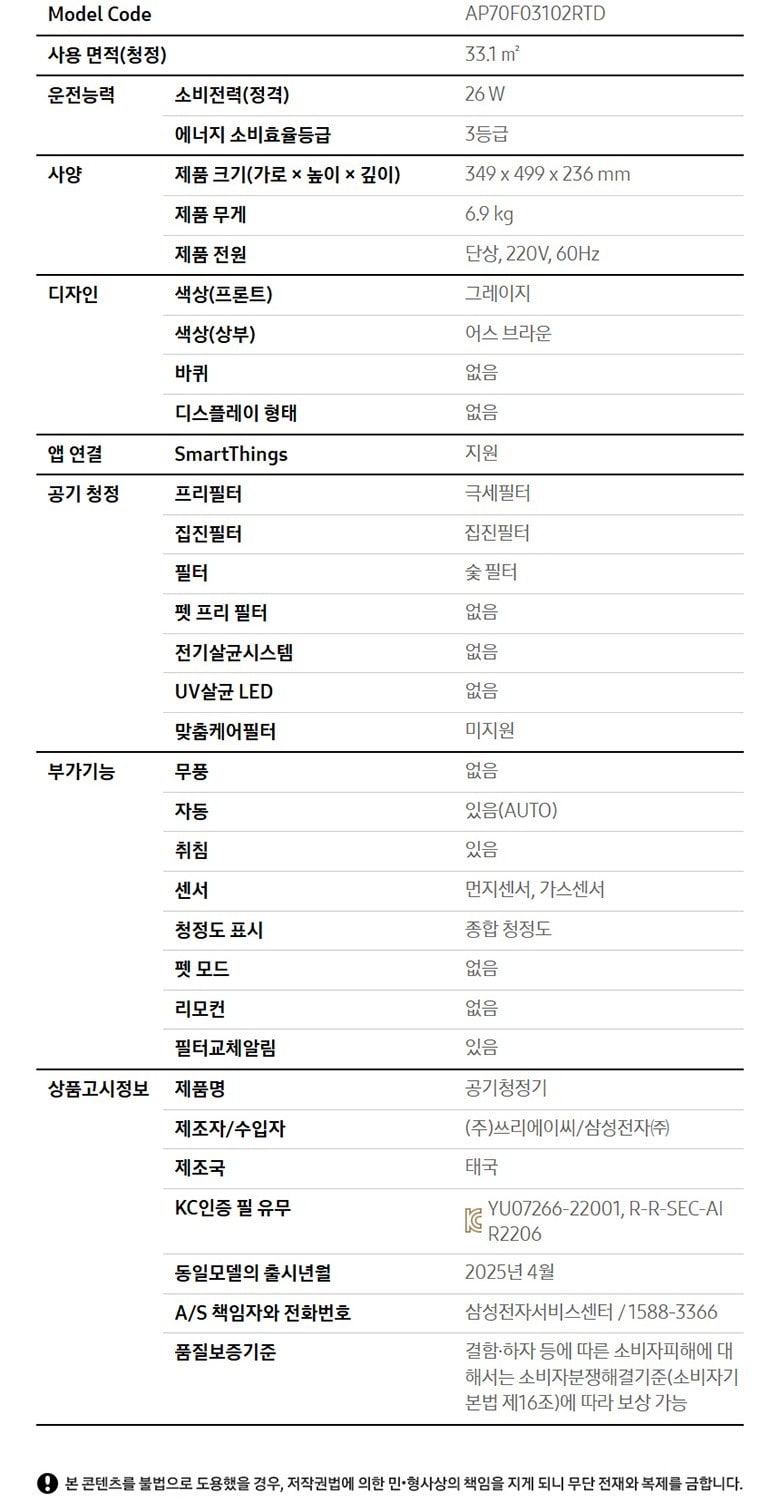 삼성 블루스카이 3100 AP70F03102RTD의 사용 면적과 크기, 전원 사양표