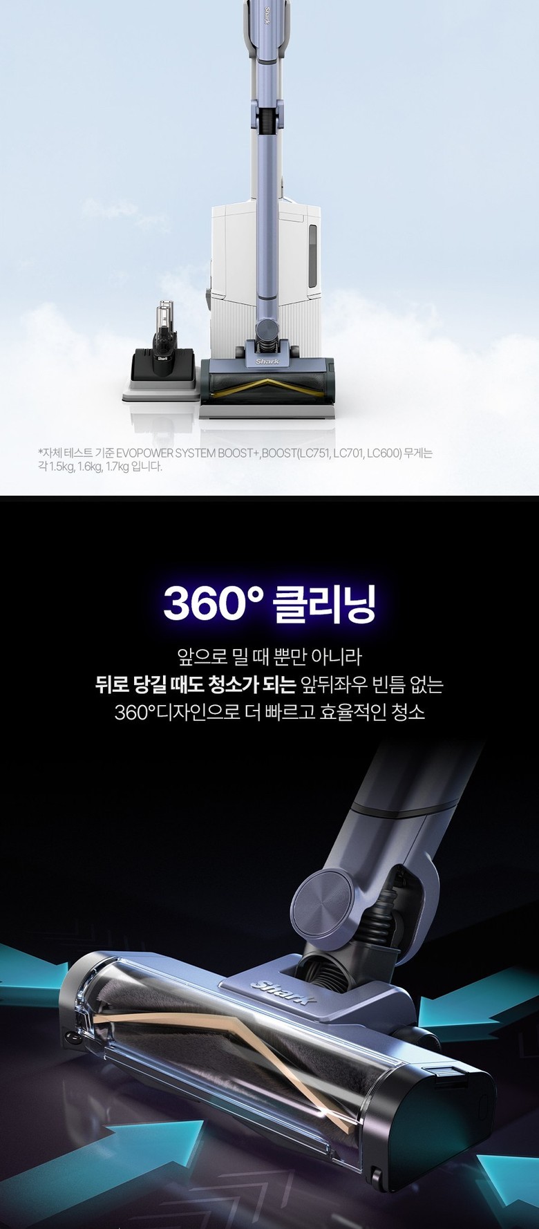샤크 LC751KRLV 본체와 오토 엠티 스테이션, 별도 충전 거치대에 놓인 배터리