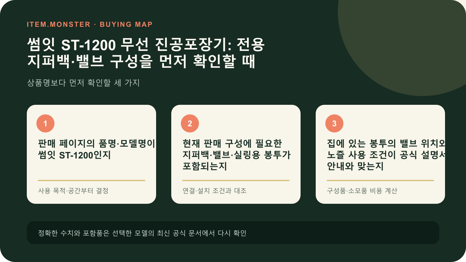 썸잇 ST-1200 무선 진공포장기: 전용 지퍼백·밸브 구성을 먼저 확인할 때 구매 전 세 가지 핵심 확인 순서 도식