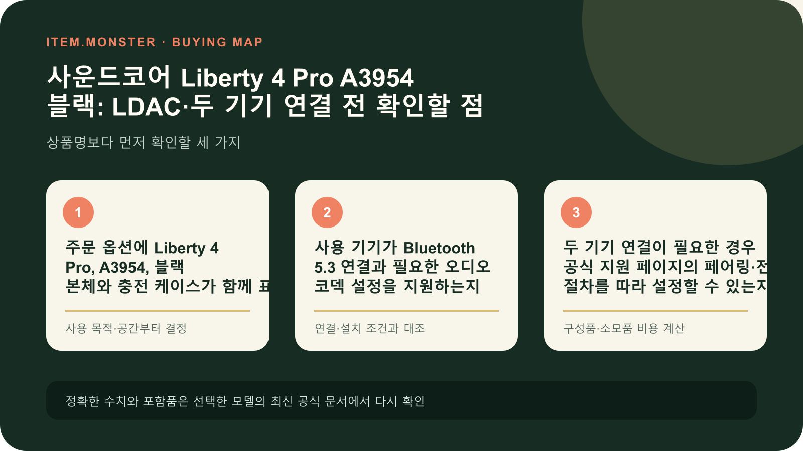 사운드코어 Liberty 4 Pro A3954 블랙: LDAC·두 기기 연결 전 확인할 점 구매 전 세 가지 핵심 확인 순서 도식