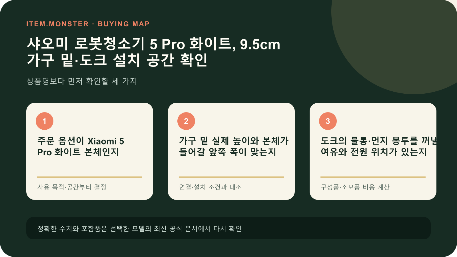 샤오미 로봇청소기 5 Pro 화이트, 9.5cm 가구 밑·도크 설치 공간 확인 구매 전 세 가지 핵심 확인 순서 도식